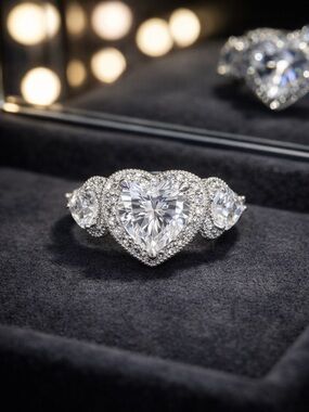 Chunky Statement Heart CZ Ring – Oversized Triple Stone Cocktail Ring 8 #589